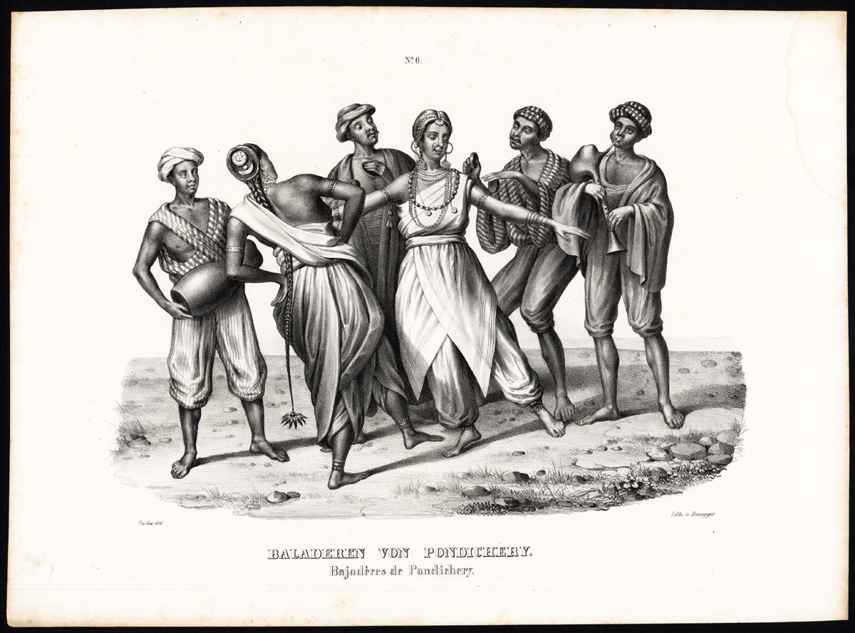 1.南インド・ポンディチェリーの踊り子 Dancing girls of Pondicherry 1836-45. By Heinrich Rudolf Schinz [Public domain], via Wikimedia Commons https://commons.wikimedia.org/wiki/File%3ADancing_girls_of_Pondicherry.jpg